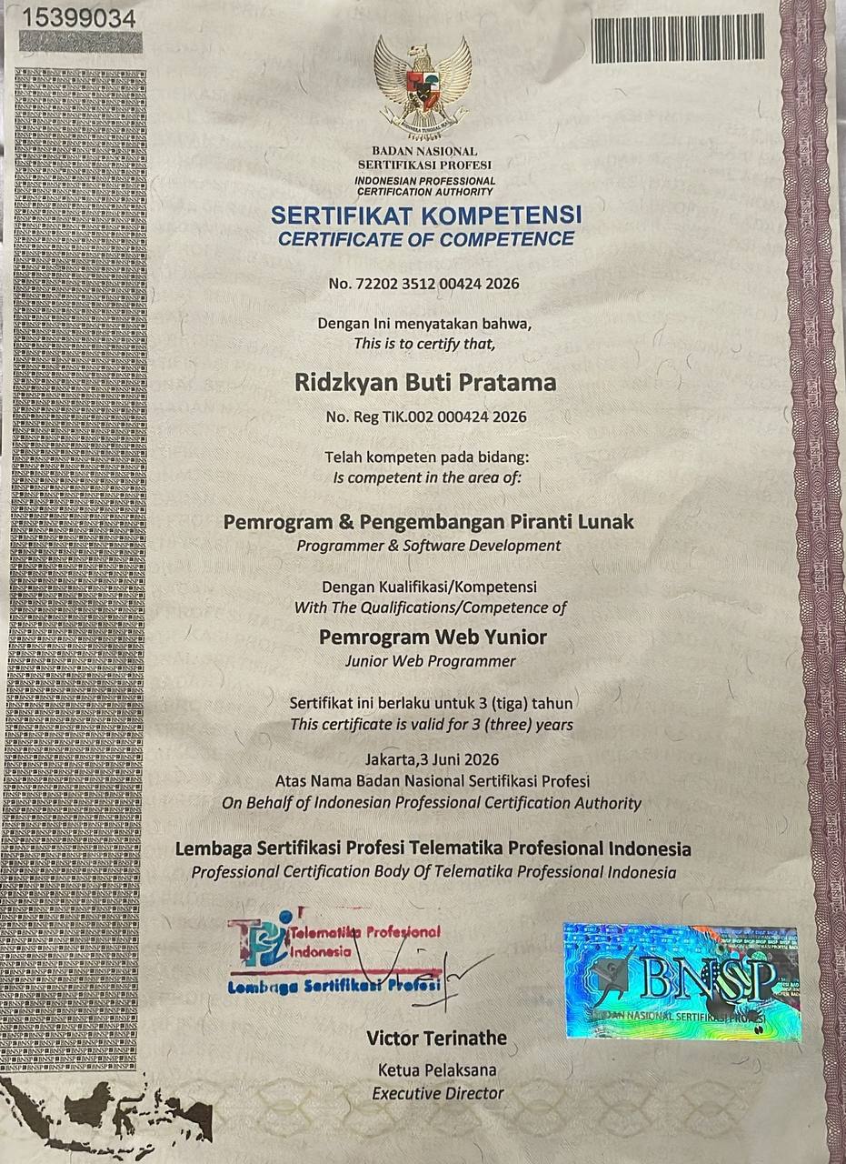 BNSP certificate — Junior Web Programmer