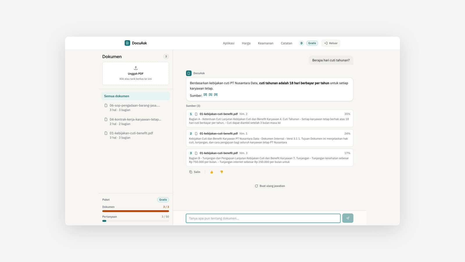 DocuAsk answering a question with page citations from an uploaded PDF