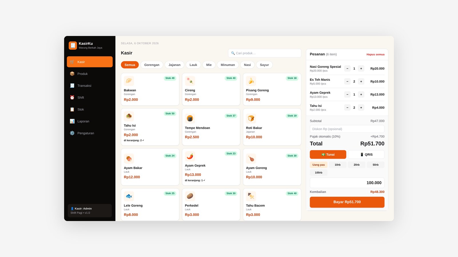 KasirKu cashier screen with a filled cart and running total