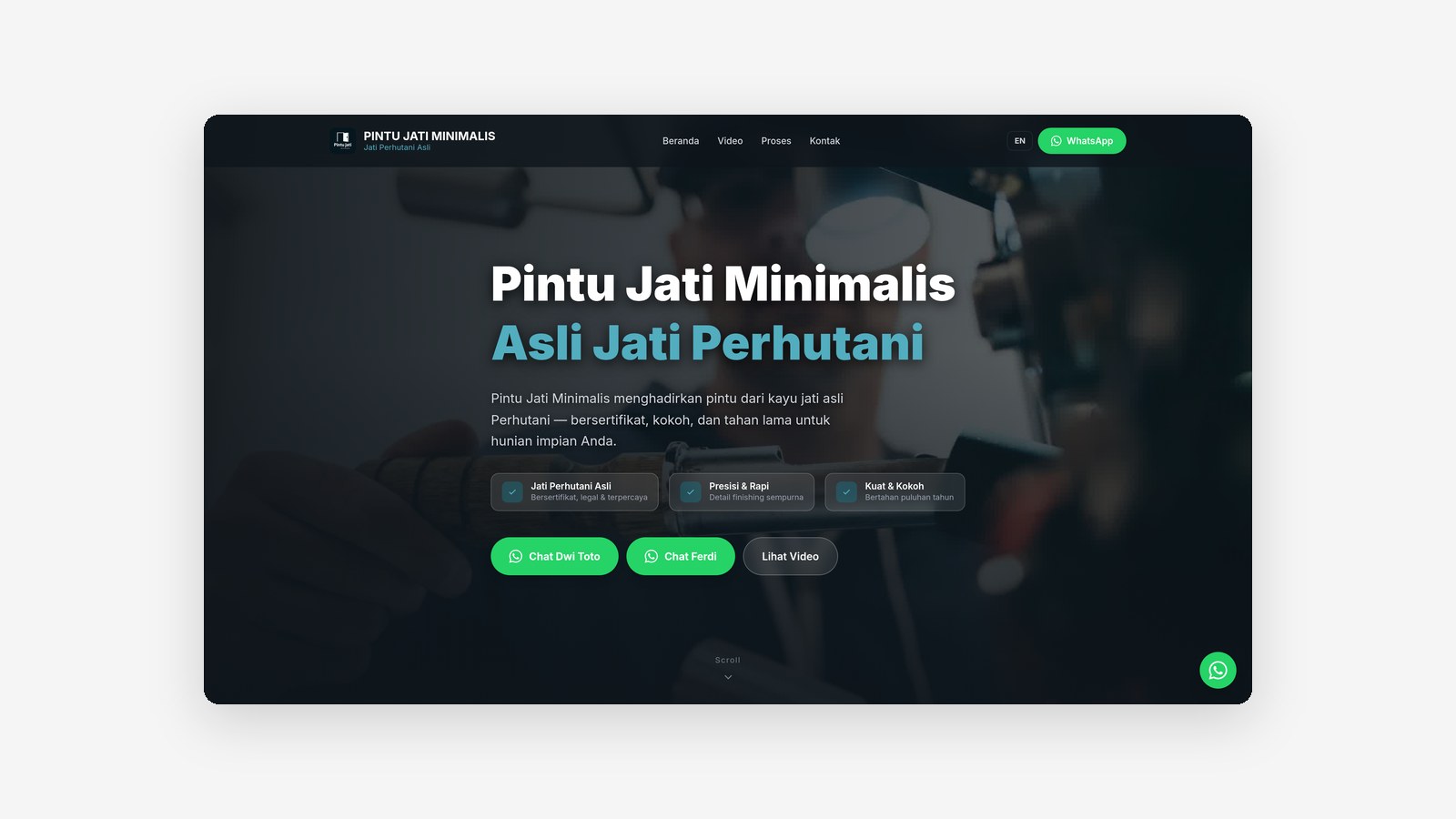 Pintu Jati Minimalis homepage hero with teak-door workshop imagery