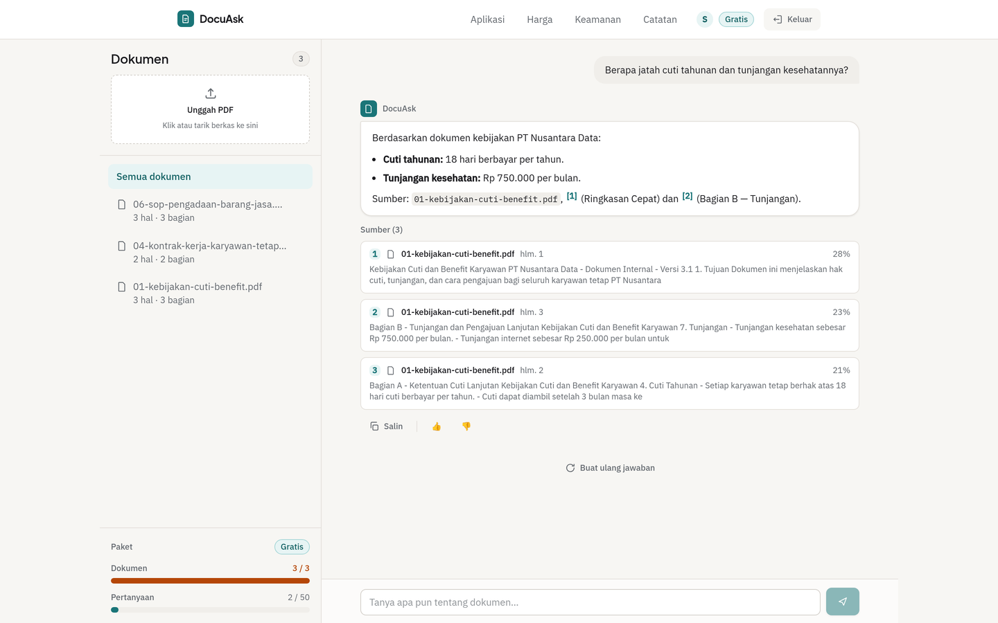 DocuAsk workspace answering a question with citations from an uploaded document