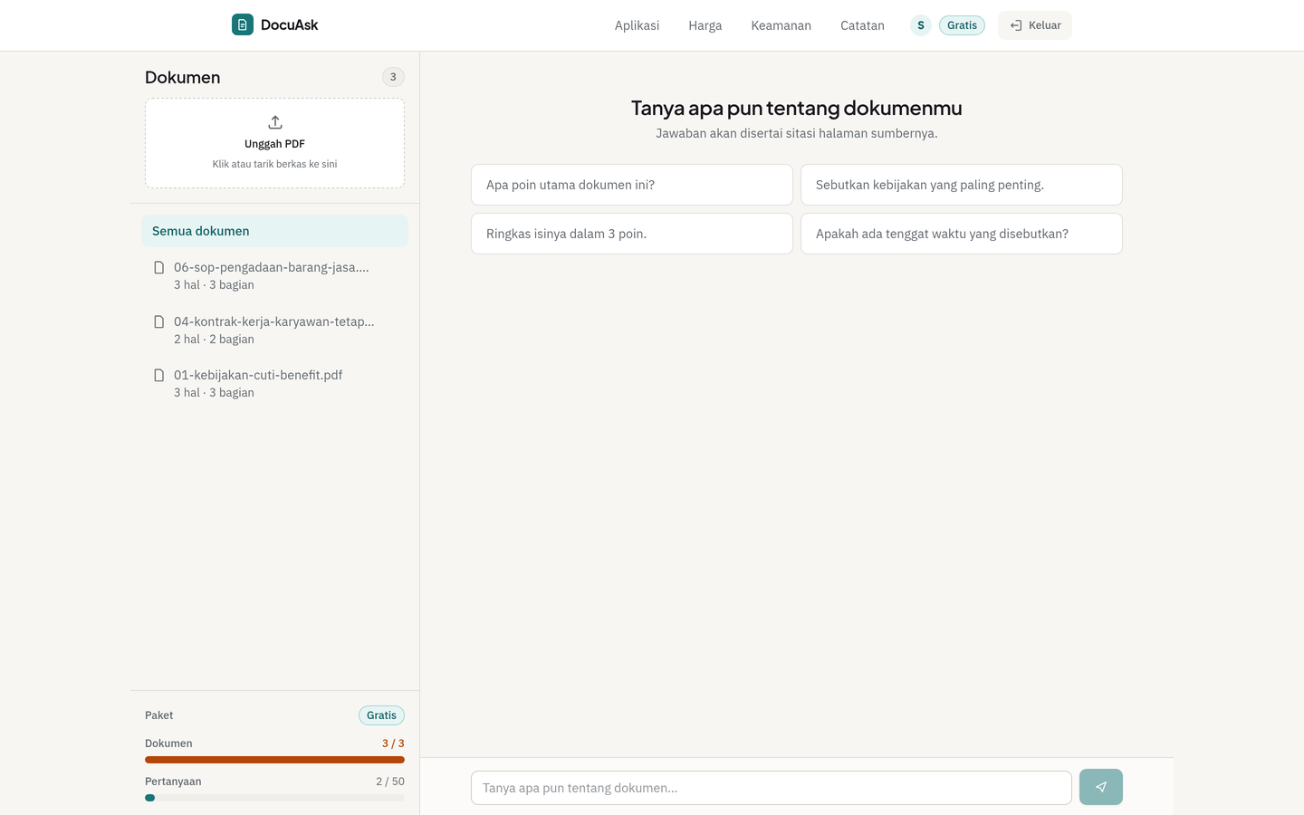DocuAsk document list with uploaded PDFs and ingestion status