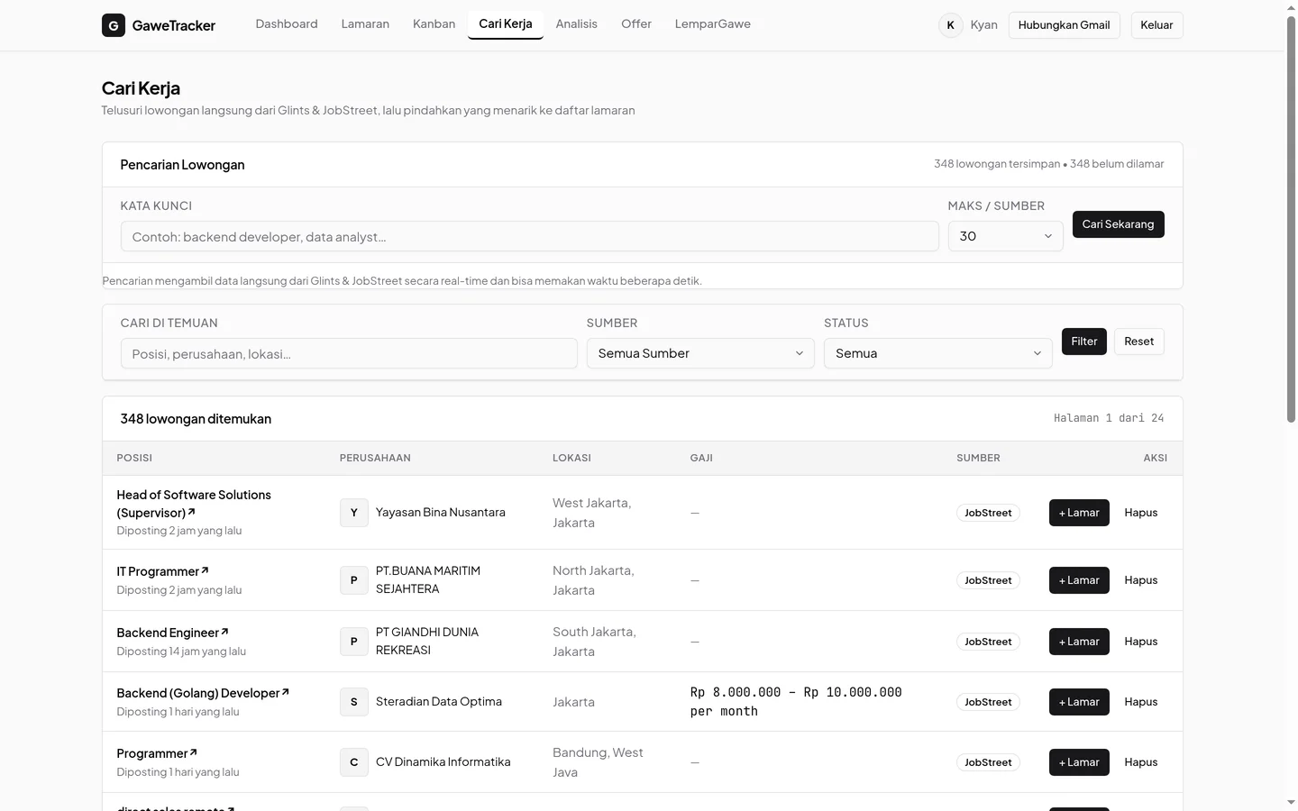 GaweTracker Cari Kerja page with the live Glints and JobStreet search form