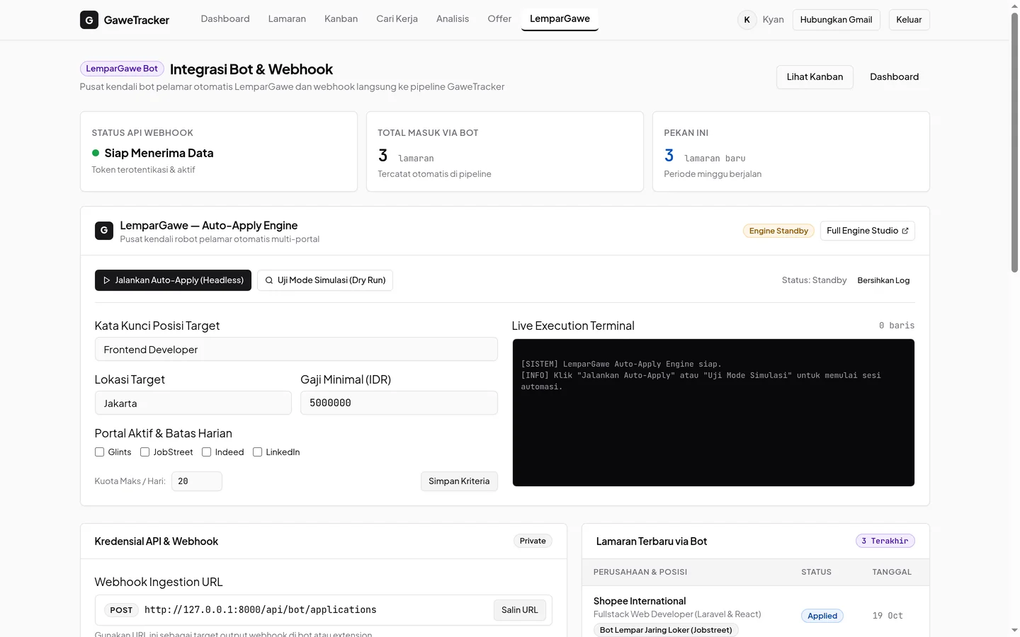 GaweTracker LemparGawe command center with live terminal logs and execution controls