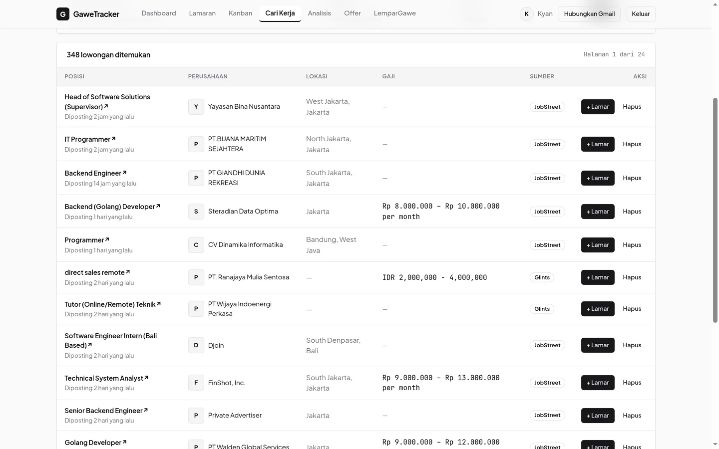 GaweTracker scraped job results table with Glints and JobStreet source badges