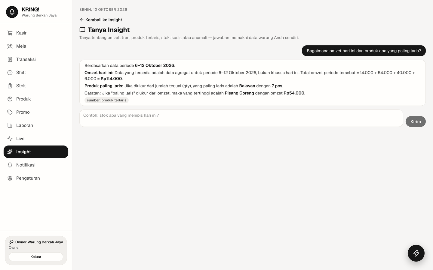 KRING! Tanya Insight chat answering a question about revenue with a sourced, formatted reply