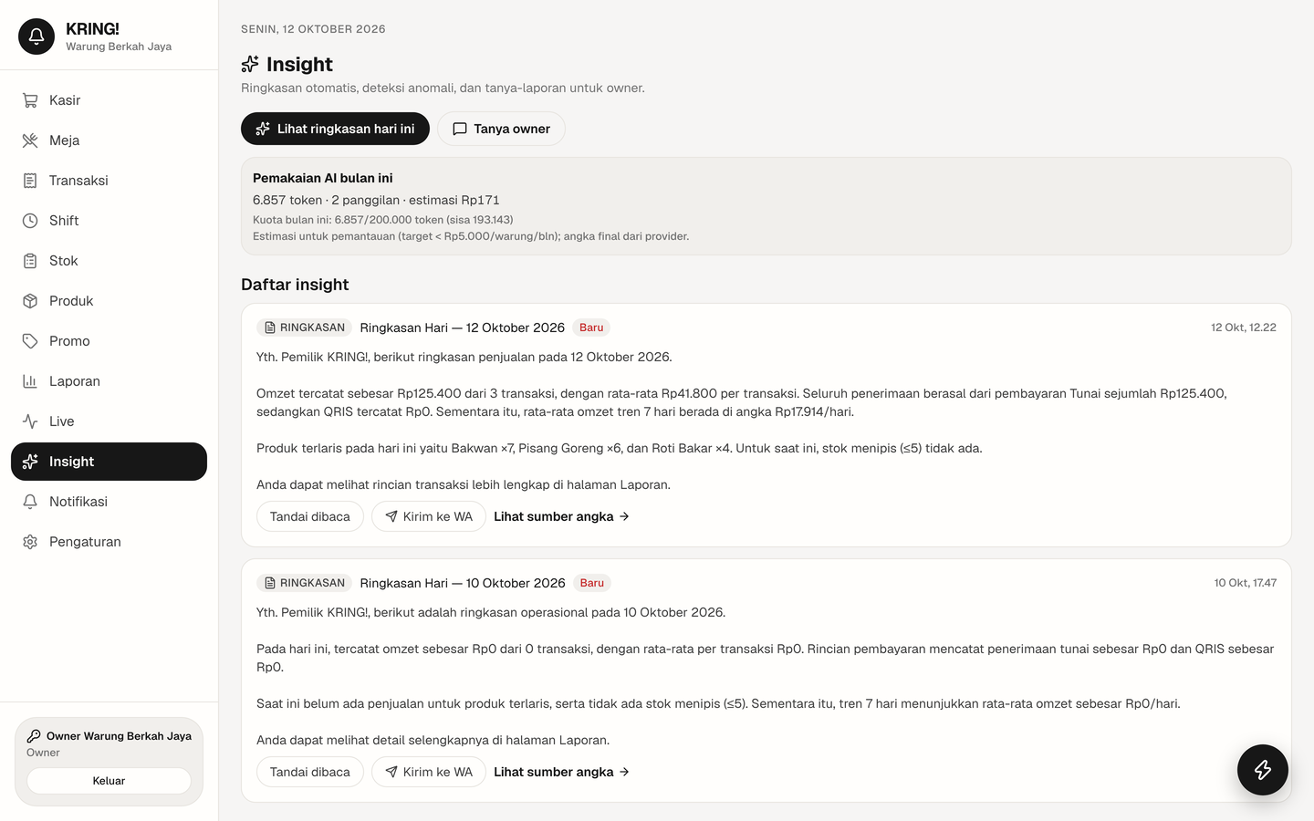 KRING! Insight dashboard with a generate-summary action, monthly AI token usage and a list of insight cards