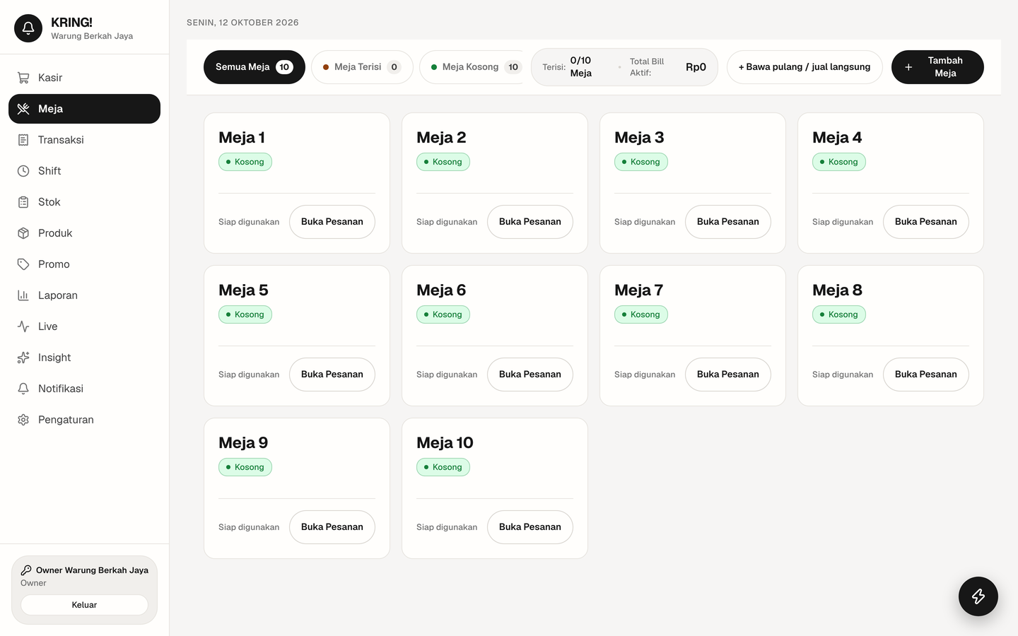 KRING! tables screen with a grid of ten table cards and an add-table action