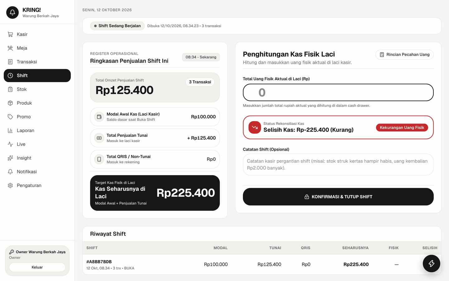 KRING! shift screen with cash drawer reconciliation, expected cash and physical count