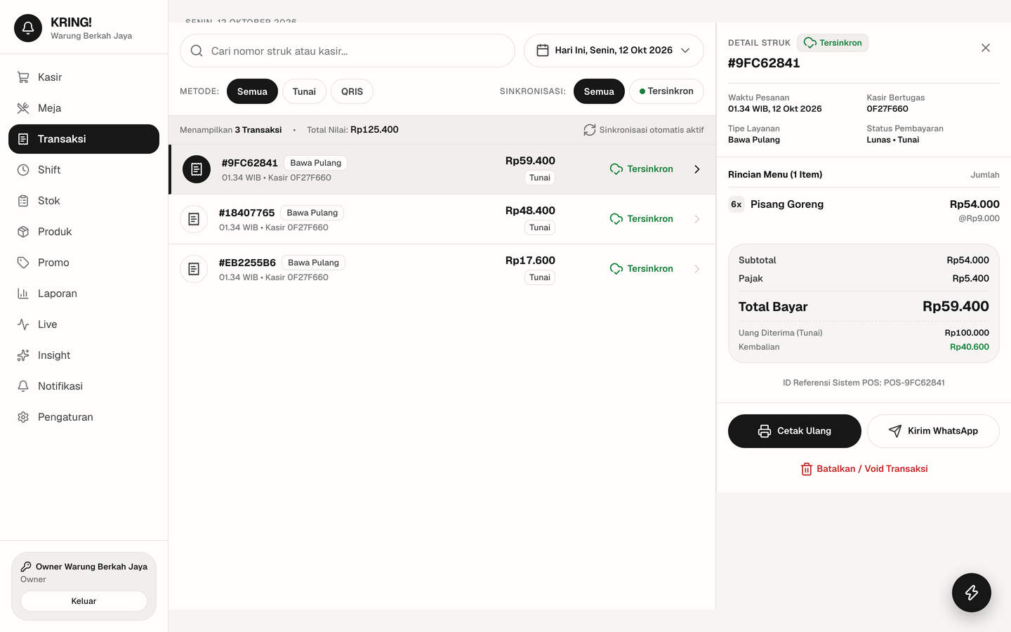 KRING! transaction history with a receipt detail drawer showing items, tax and change