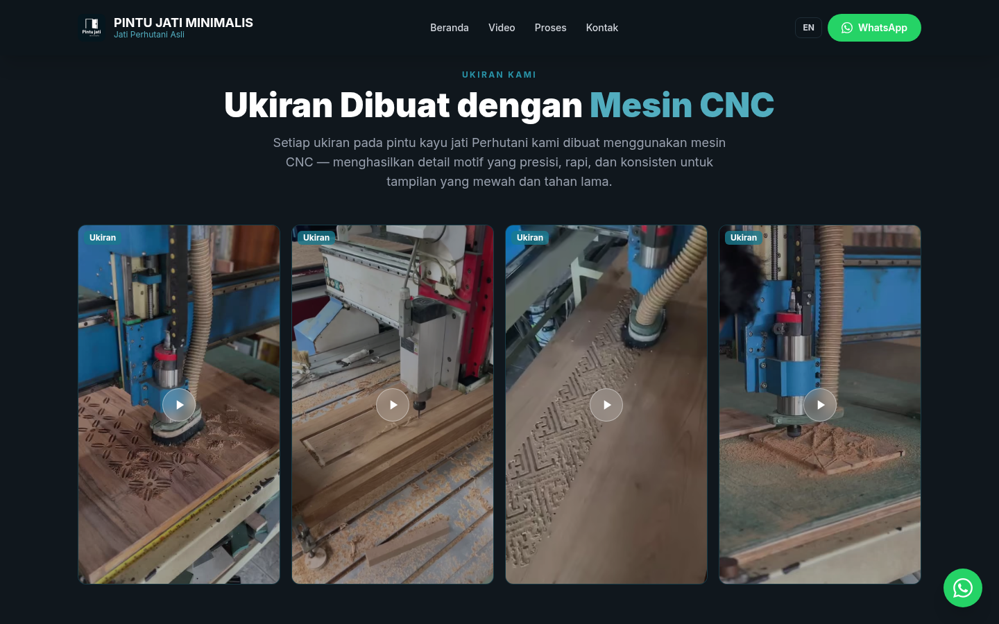 Pintu Jati Minimalis CNC carving gallery with video thumbnails of carved teak panels