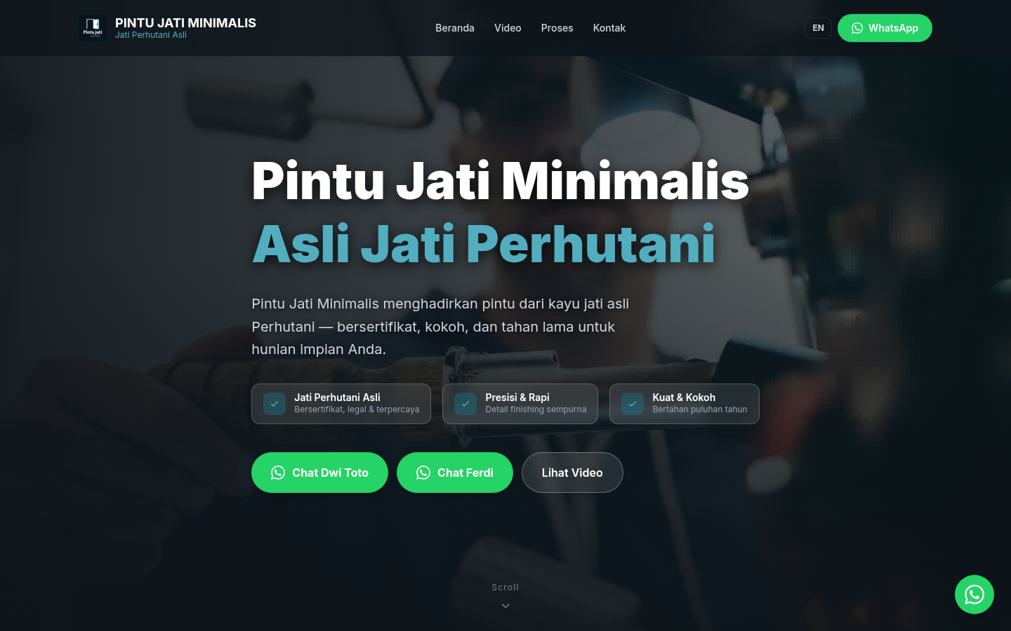 Pintu Jati Minimalis hero with a workshop photograph and WhatsApp call-to-action buttons