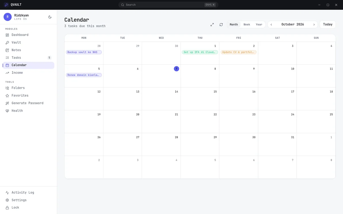 QVAULT monthly calendar with tasks pinned to their due dates