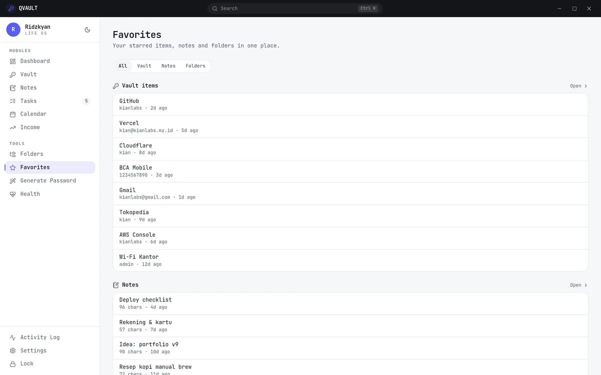 QVAULT favourites page gathering starred vault items, notes and folders