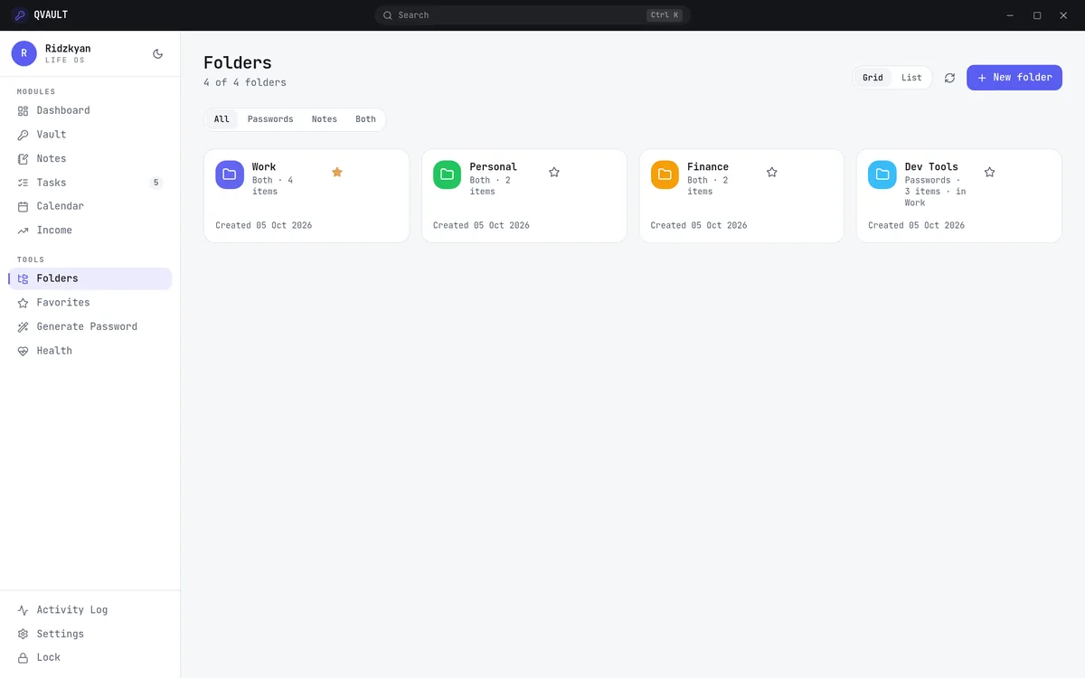 QVAULT folders view with coloured, nested folders