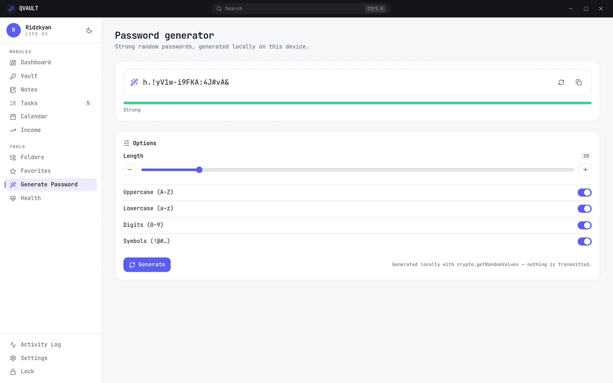 QVAULT password generator with length slider and character-set options