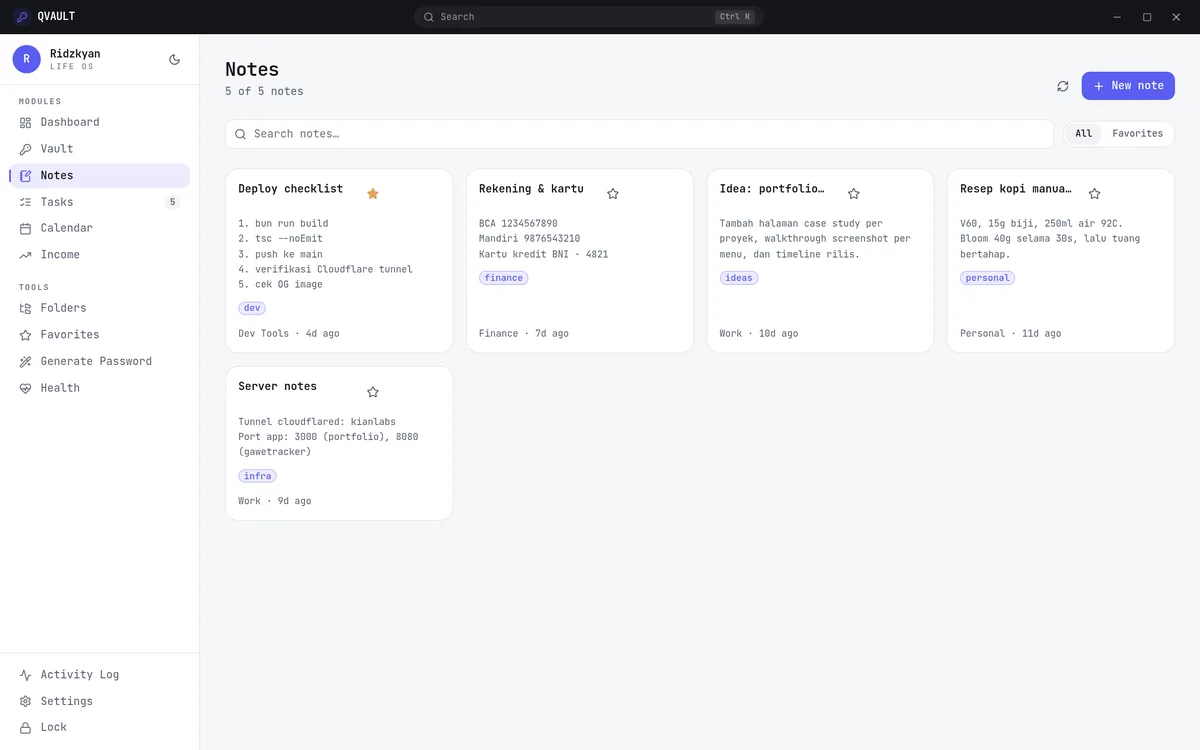QVAULT notes list with markdown preview and tags