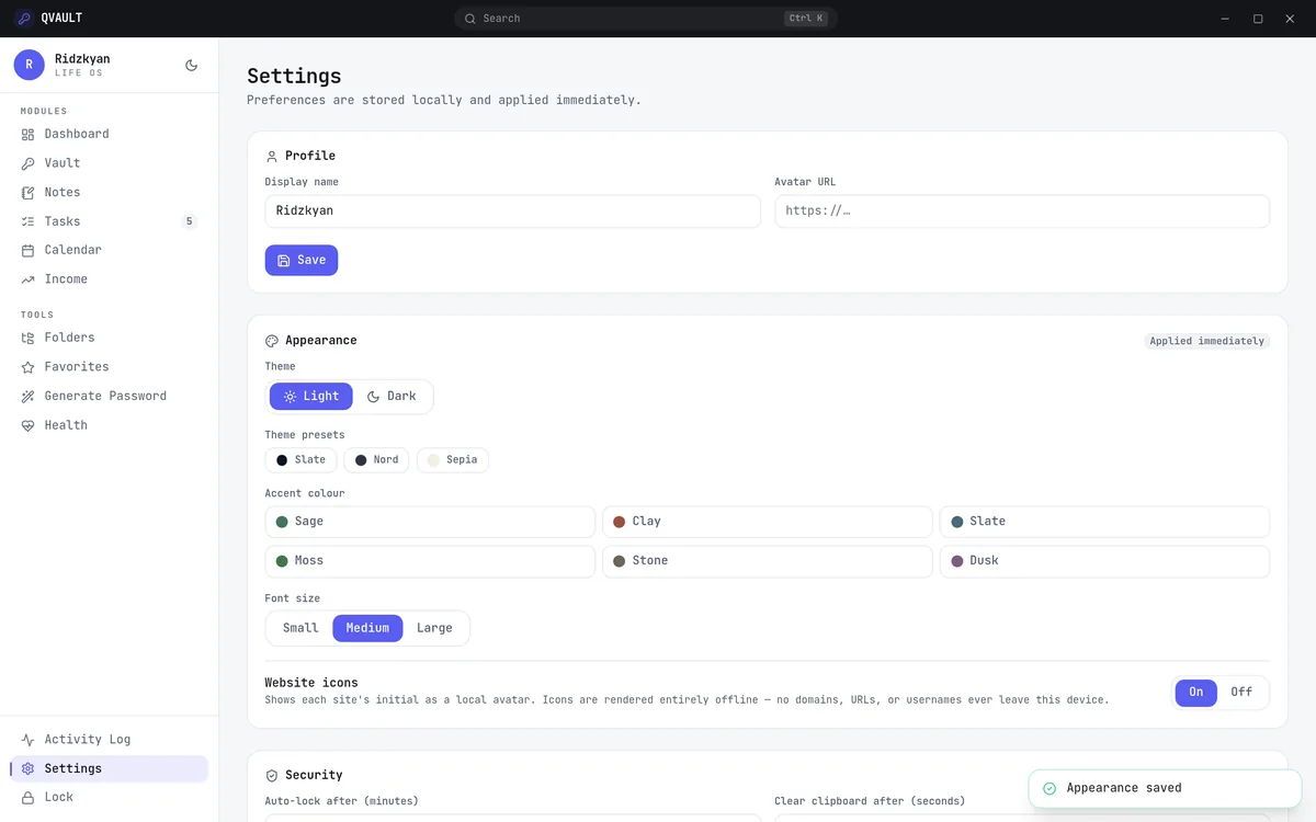 QVAULT settings page with theme, accent colour, font size and backup options