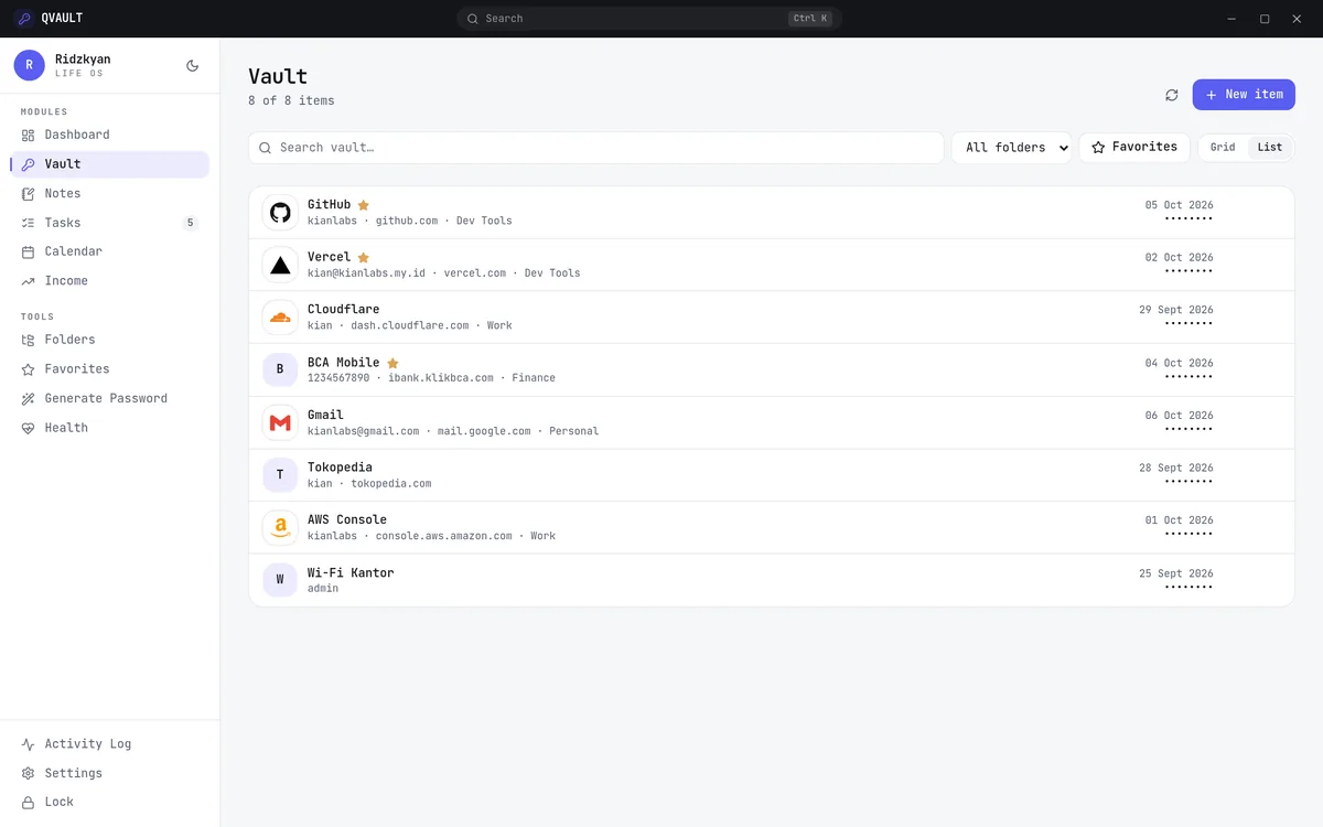 QVAULT vault list of saved logins with search and folder tags