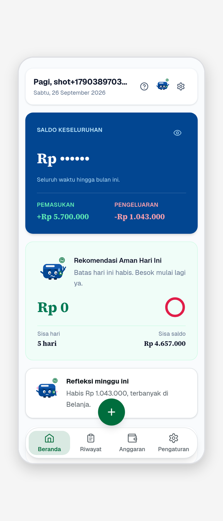 UangKu dashboard with overall balance, income, expenses and a safe daily spend recommendation