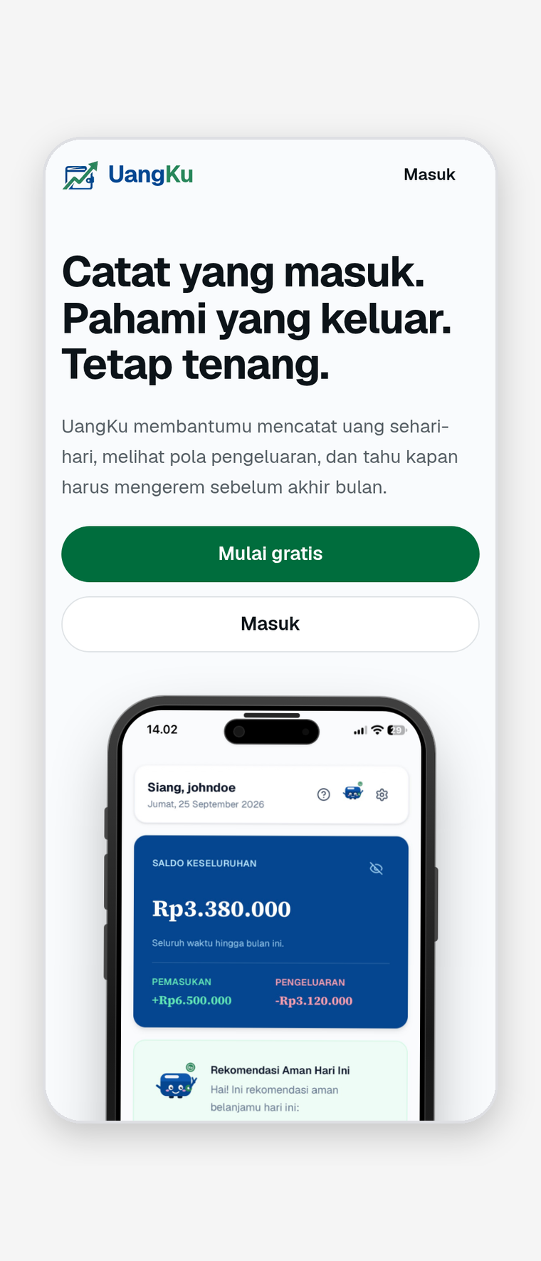 UangKu landing page with the product pitch and a phone preview of the dashboard